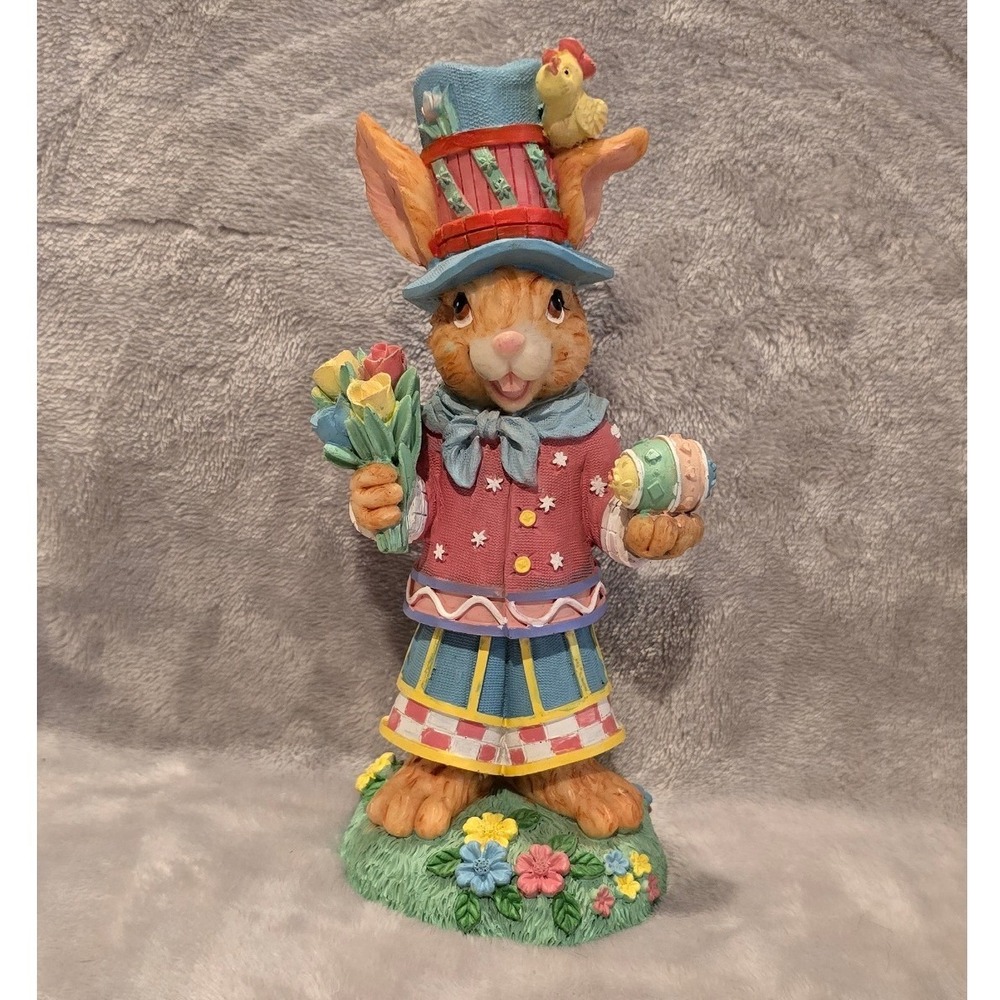 Jaimy Easter Bunny Figurine Top Hat Tulips Egg Resin Spring Decor Rabbit Chick